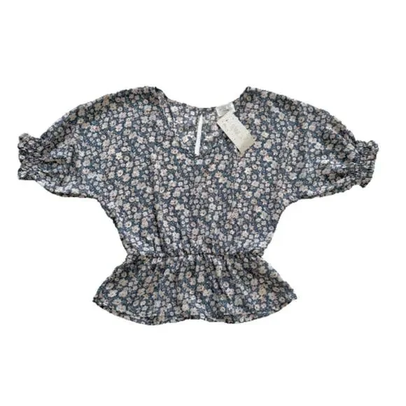 Sienna Sky Top Blouse Short Sleeve Elastic Waist Blue White Floral Top Size XS - Picture 12 of 12